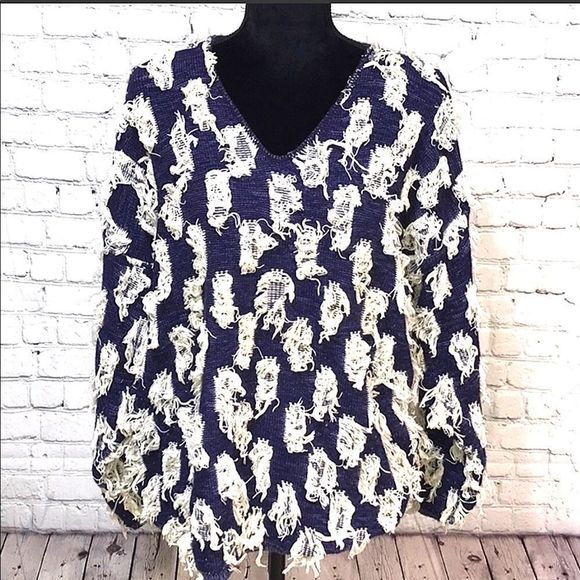 Funky Vintage Fringe Patch V- Neck Sweater Unique BoHo Fringe - Picture 1 of 8